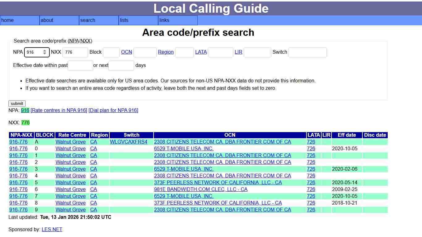 Local calling guide: NPA-NXX search