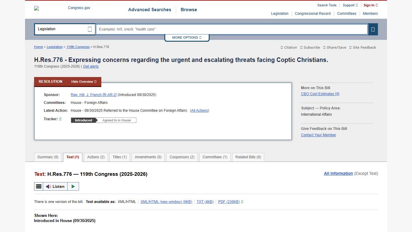 Text - H.Res.776 - 119th Congress (2025-2026): Expressing concerns regarding the urgent and escalating threats facing Coptic Christians. Congress.gov Library of Congress