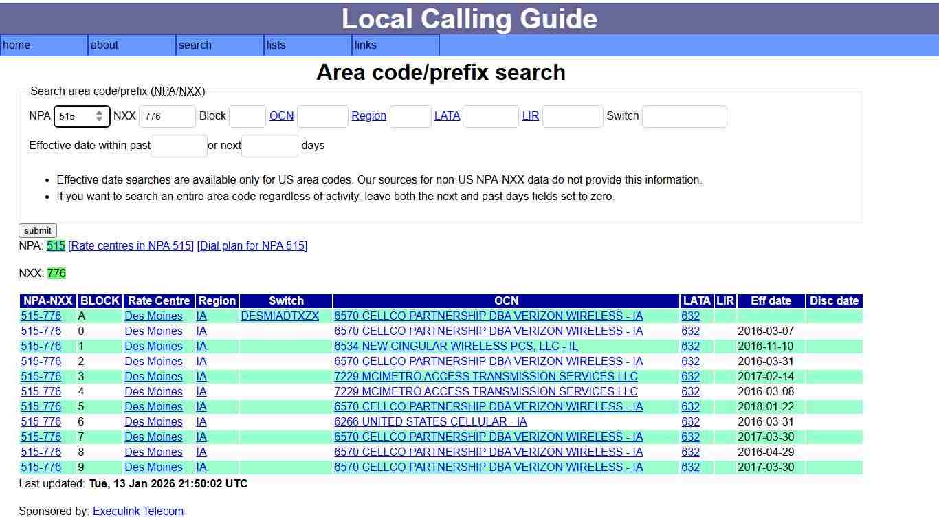 Local calling guide: NPA-NXX search